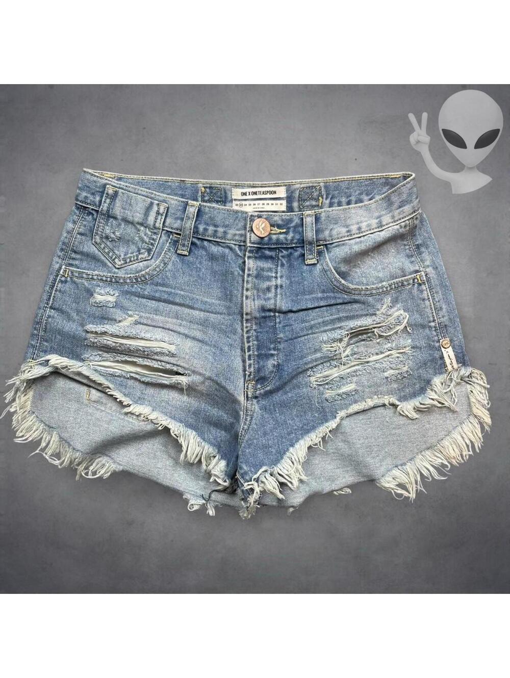 One Teaspoon Le Wolves Blue Distressed Curved Frayed Cutoff Denim Shorts 23